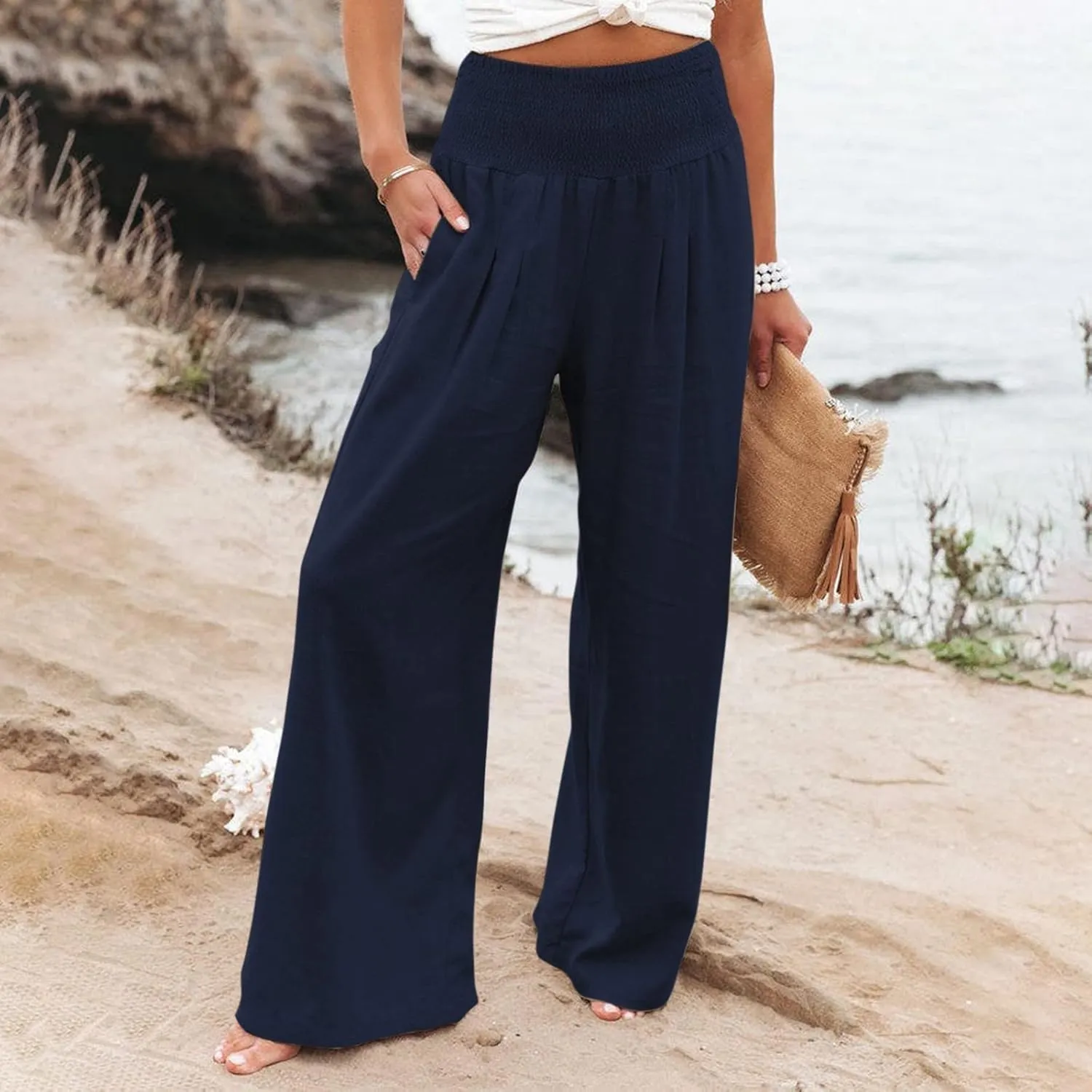 Plus Size Wide Leg Pants for Women Loose Fit Elastic High Waisted Straight Leg Palazzo Pant with Pockets Lounge Trousers