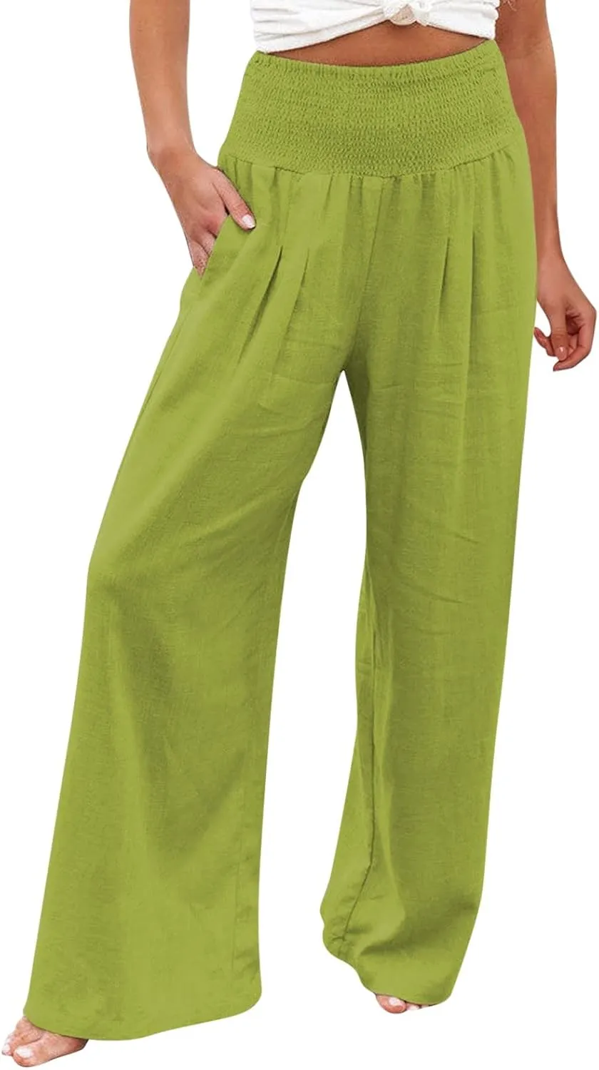 Plus Size Wide Leg Pants for Women Loose Fit Elastic High Waisted Straight Leg Palazzo Pant with Pockets Lounge Trousers