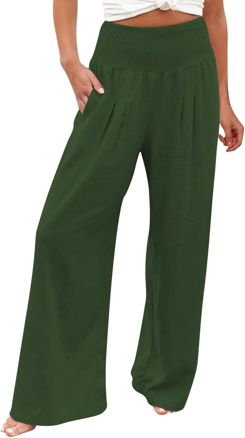 Plus Size Wide Leg Pants for Women Loose Fit Elastic High Waisted Straight Leg Palazzo Pant with Pockets Lounge Trousers