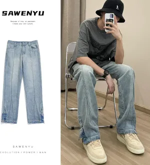 Pooyikoi Men's Baggy Hip-hop Patchwork Jeans Loose Fit Wide Leg Straight Denim Pants Streetwear Fashion Jeans