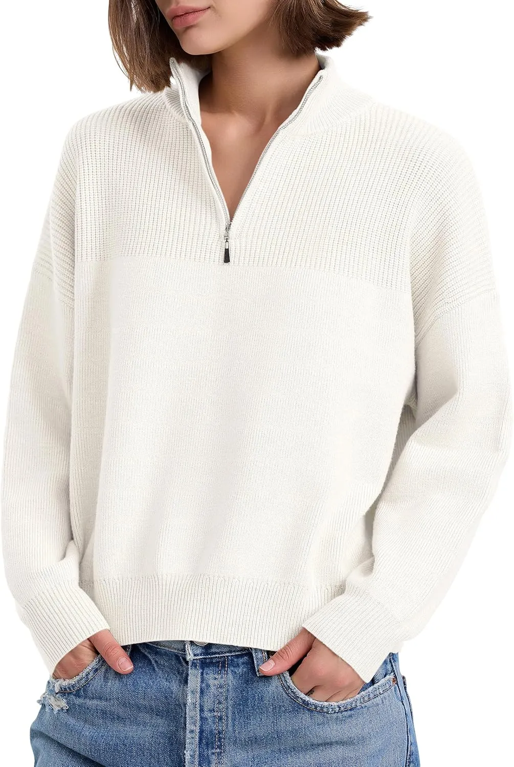 PrettyGuide Women's Long Sleeve Quarter Zip Oversized Pullover Striped Sweater Casual Mock Neck Loose Ribbed Knit Tops