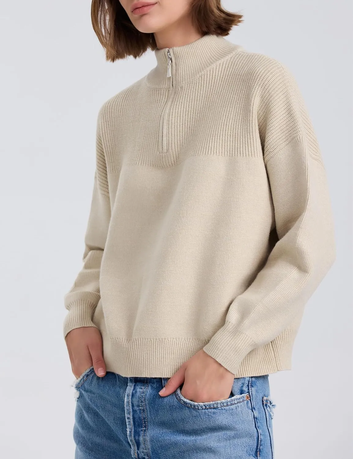 PrettyGuide Women's Long Sleeve Quarter Zip Oversized Pullover Striped Sweater Casual Mock Neck Loose Ribbed Knit Tops
