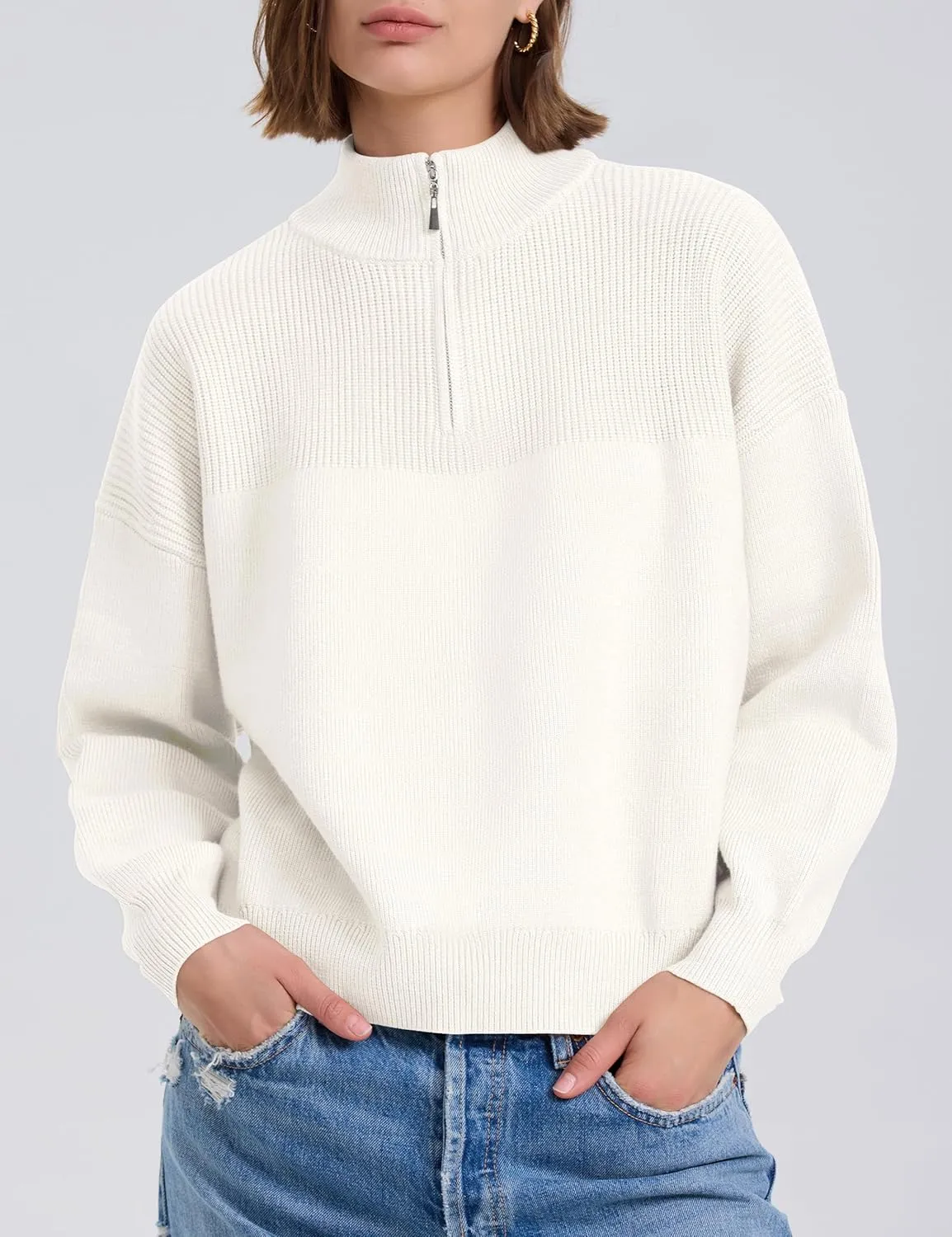 PrettyGuide Women's Long Sleeve Quarter Zip Oversized Pullover Striped Sweater Casual Mock Neck Loose Ribbed Knit Tops
