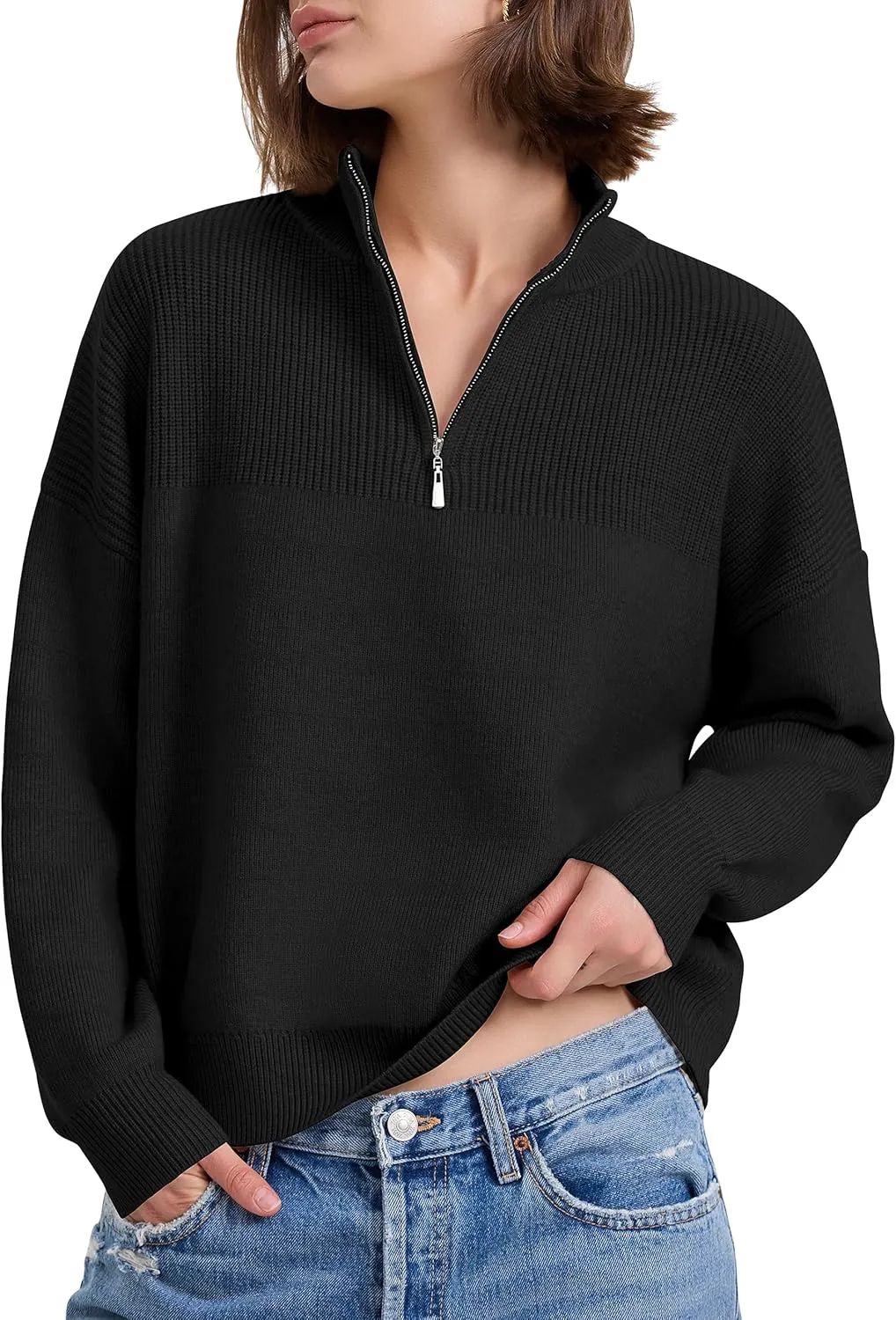PrettyGuide Women's Long Sleeve Quarter Zip Oversized Pullover Striped Sweater Casual Mock Neck Loose Ribbed Knit Tops
