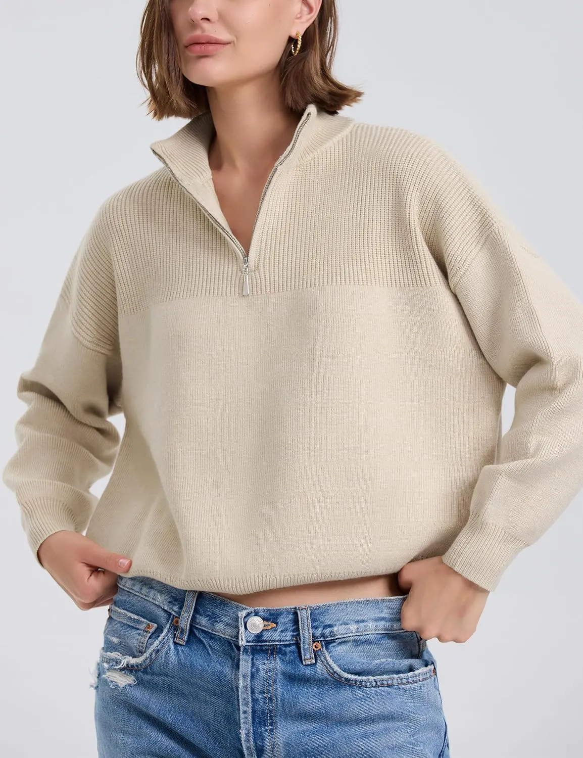 PrettyGuide Women's Long Sleeve Quarter Zip Oversized Pullover Striped Sweater Casual Mock Neck Loose Ribbed Knit Tops