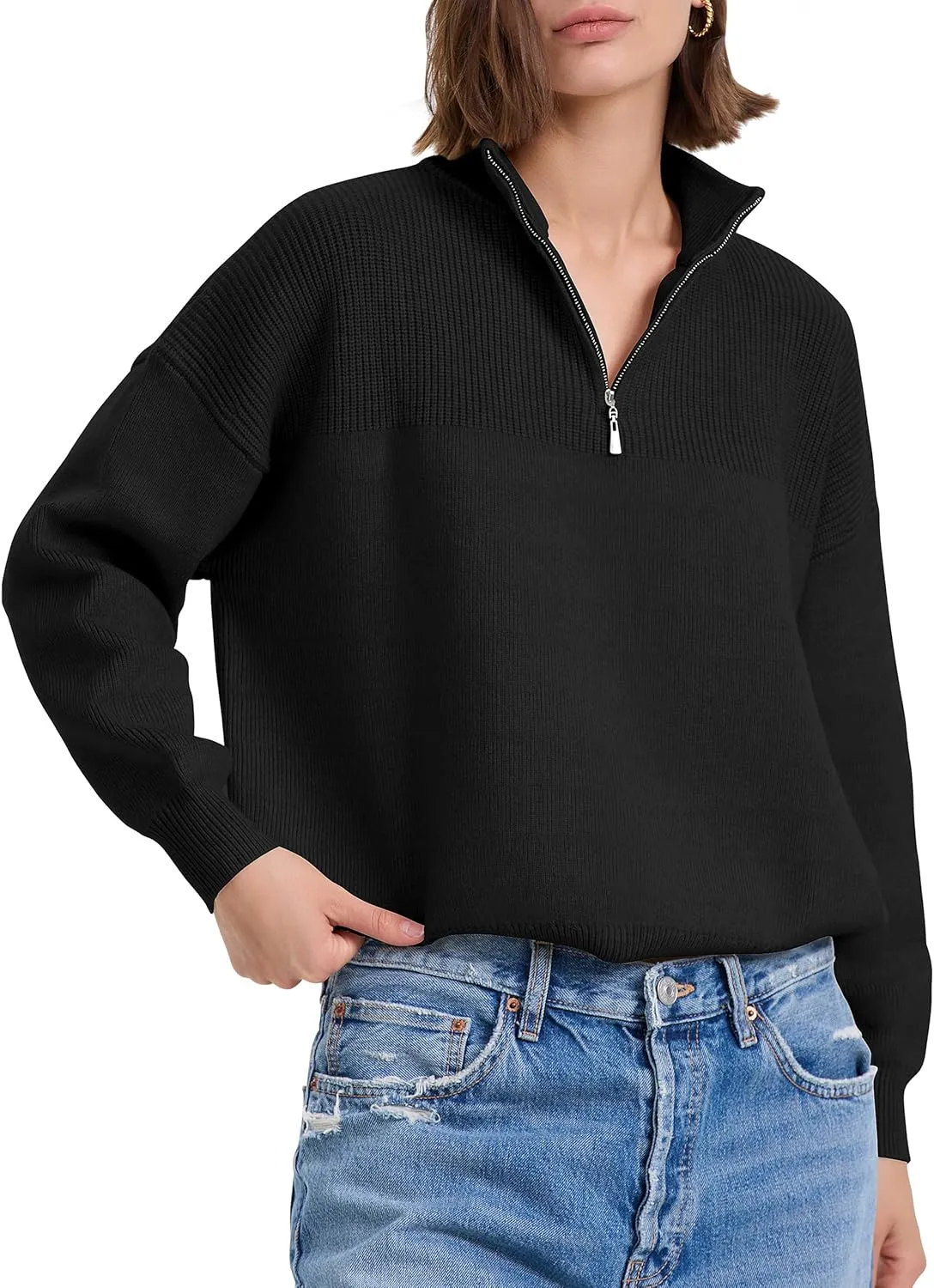 PrettyGuide Women's Long Sleeve Quarter Zip Oversized Pullover Striped Sweater Casual Mock Neck Loose Ribbed Knit Tops