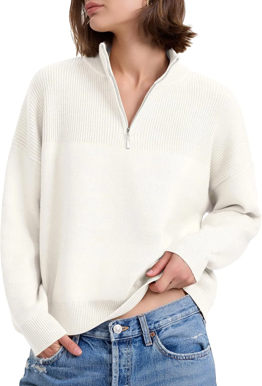 PrettyGuide Women's Long Sleeve Quarter Zip Oversized Pullover Striped Sweater Casual Mock Neck Loose Ribbed Knit Tops