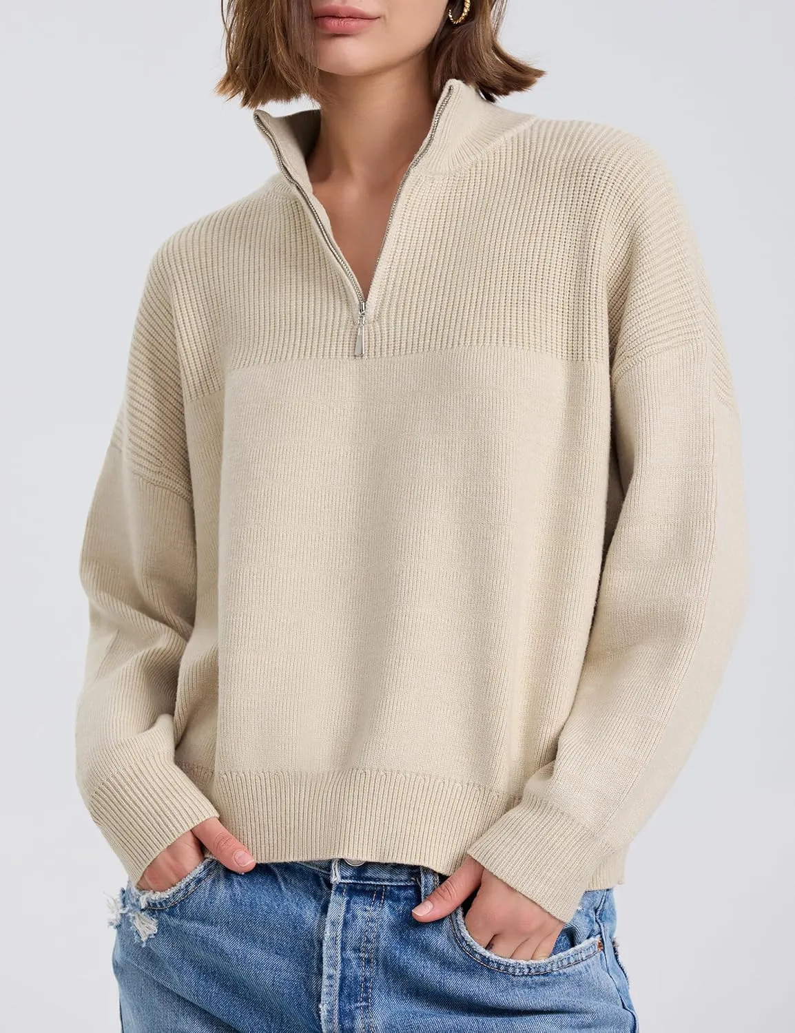 PrettyGuide Women's Long Sleeve Quarter Zip Oversized Pullover Striped Sweater Casual Mock Neck Loose Ribbed Knit Tops
