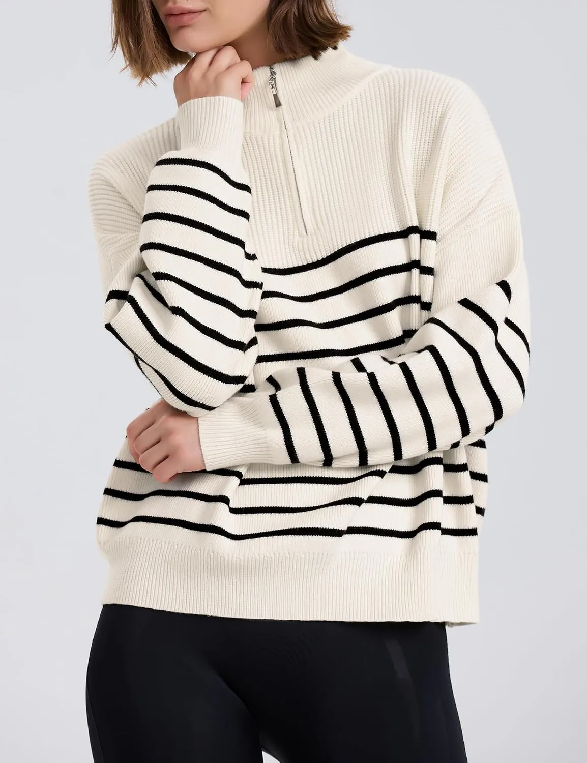 PrettyGuide Women's Long Sleeve Quarter Zip Oversized Pullover Striped Sweater Casual Mock Neck Loose Ribbed Knit Tops