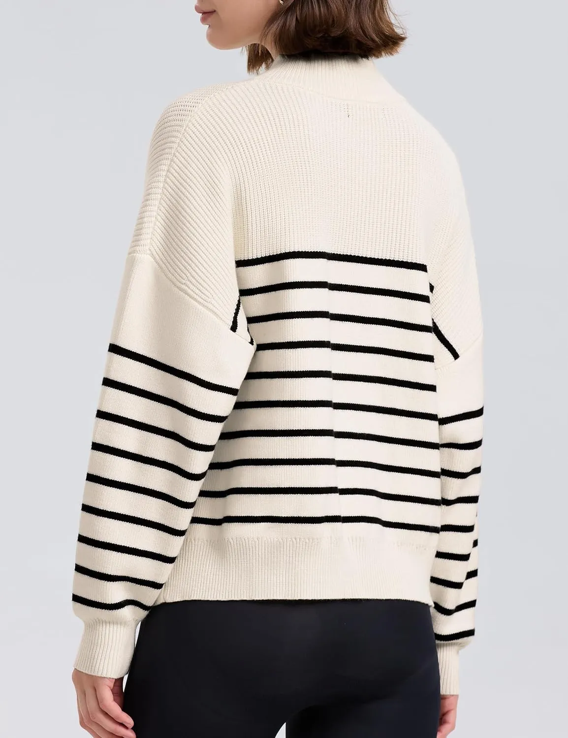 PrettyGuide Women's Long Sleeve Quarter Zip Oversized Pullover Striped Sweater Casual Mock Neck Loose Ribbed Knit Tops