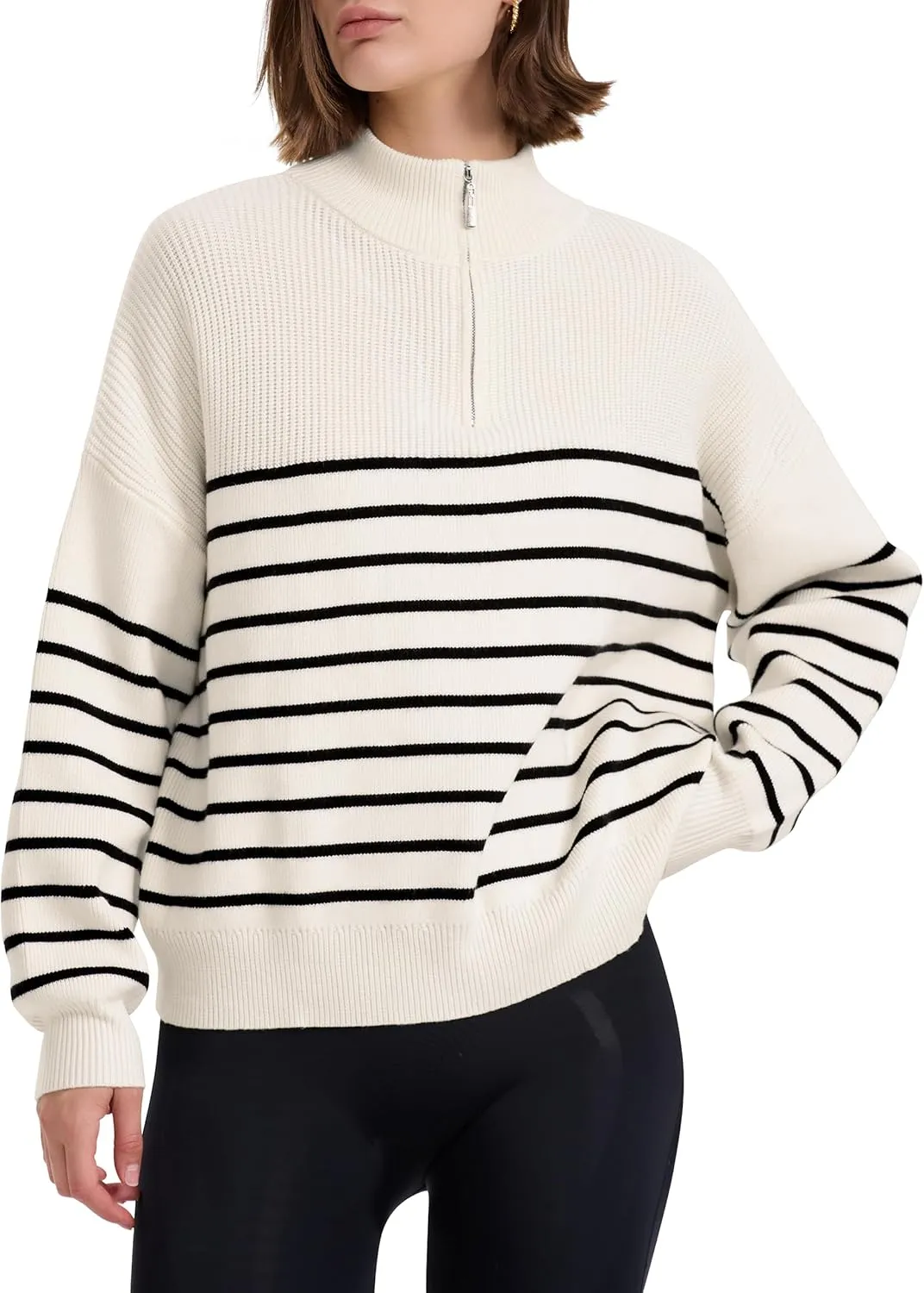 PrettyGuide Women's Long Sleeve Quarter Zip Oversized Pullover Striped Sweater Casual Mock Neck Loose Ribbed Knit Tops