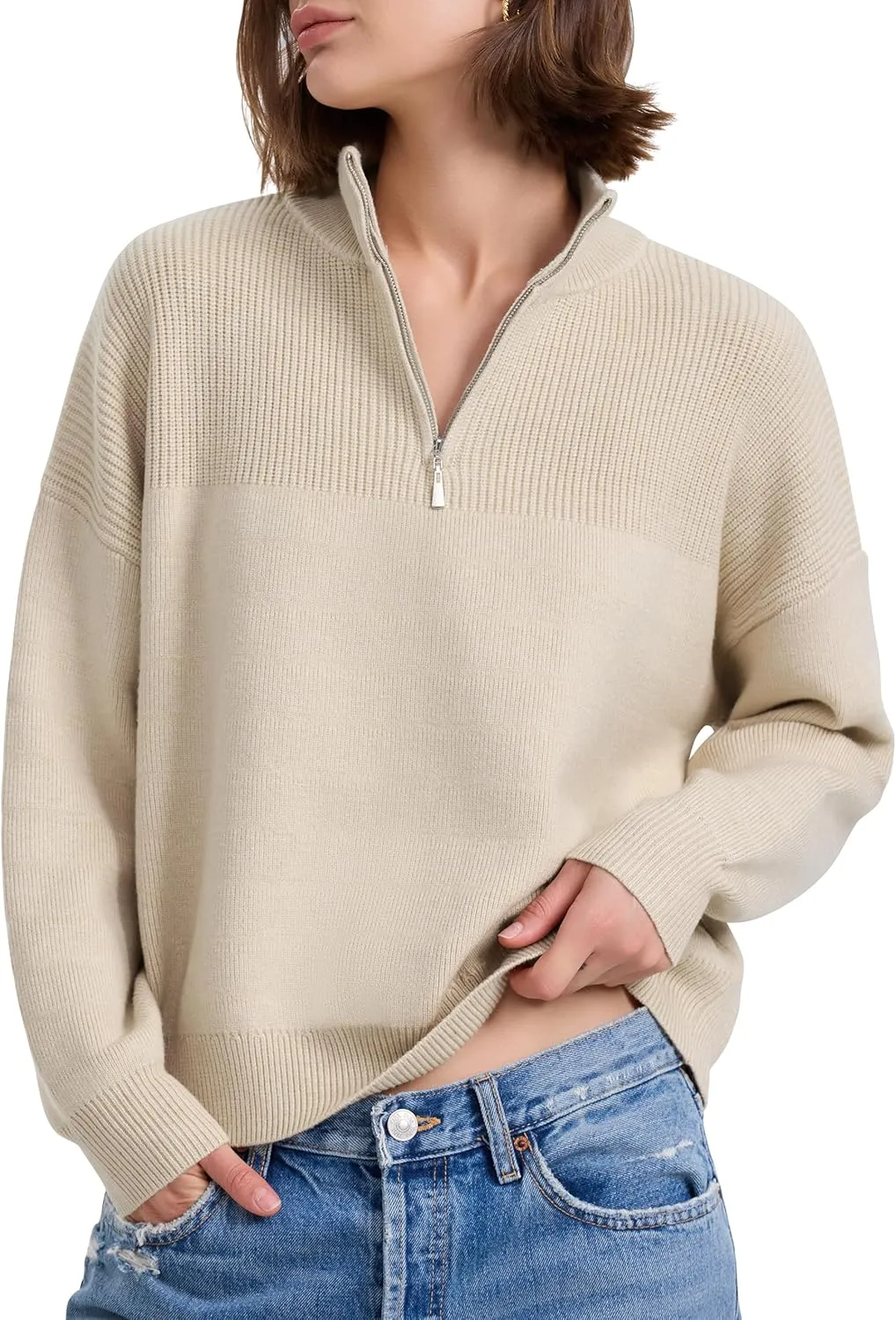PrettyGuide Women's Long Sleeve Quarter Zip Oversized Pullover Striped Sweater Casual Mock Neck Loose Ribbed Knit Tops