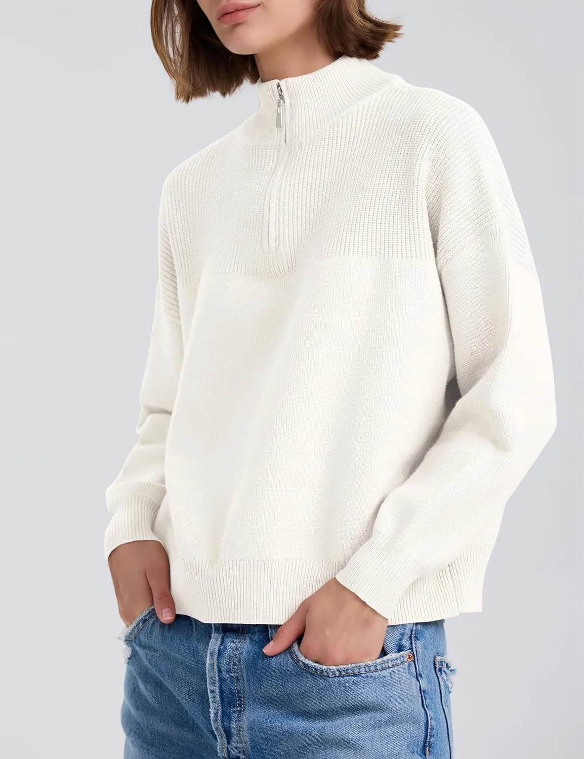 PrettyGuide Women's Long Sleeve Quarter Zip Oversized Pullover Striped Sweater Casual Mock Neck Loose Ribbed Knit Tops
