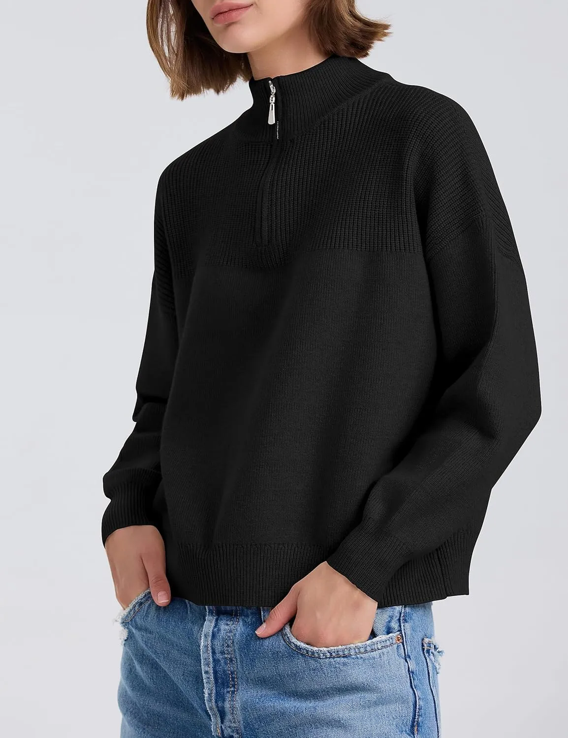 PrettyGuide Women's Long Sleeve Quarter Zip Oversized Pullover Striped Sweater Casual Mock Neck Loose Ribbed Knit Tops