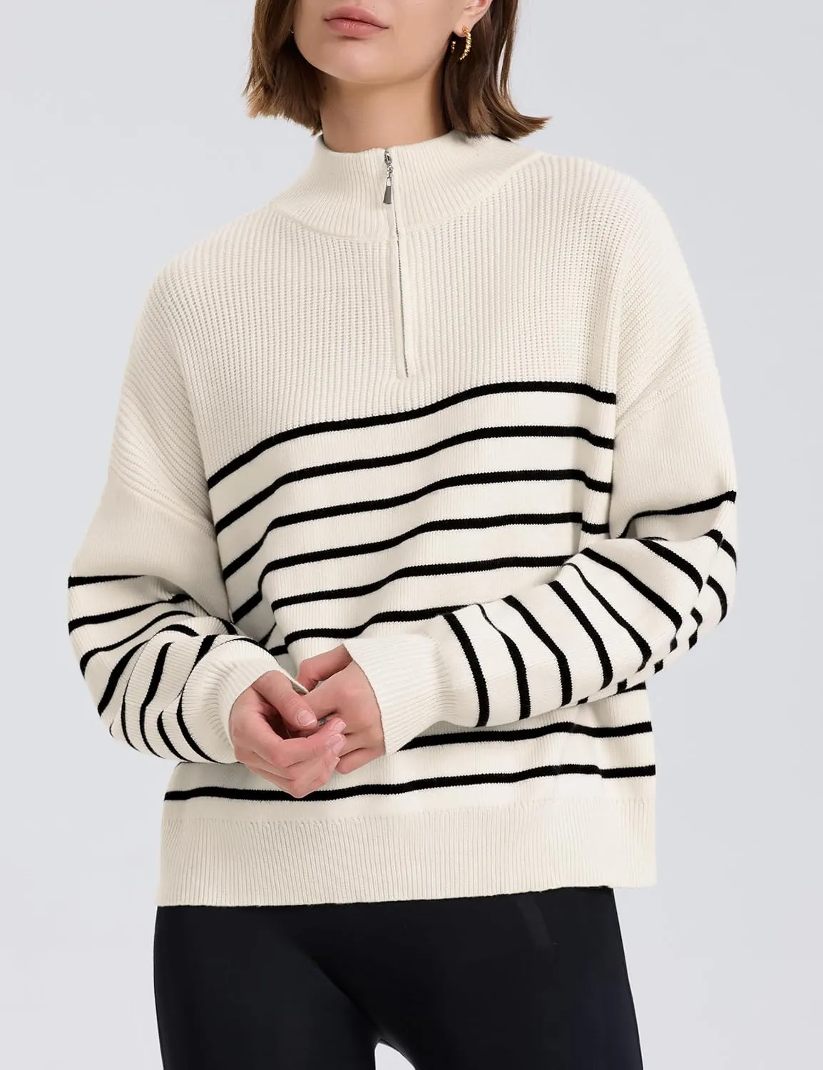 PrettyGuide Women's Long Sleeve Quarter Zip Oversized Pullover Striped Sweater Casual Mock Neck Loose Ribbed Knit Tops