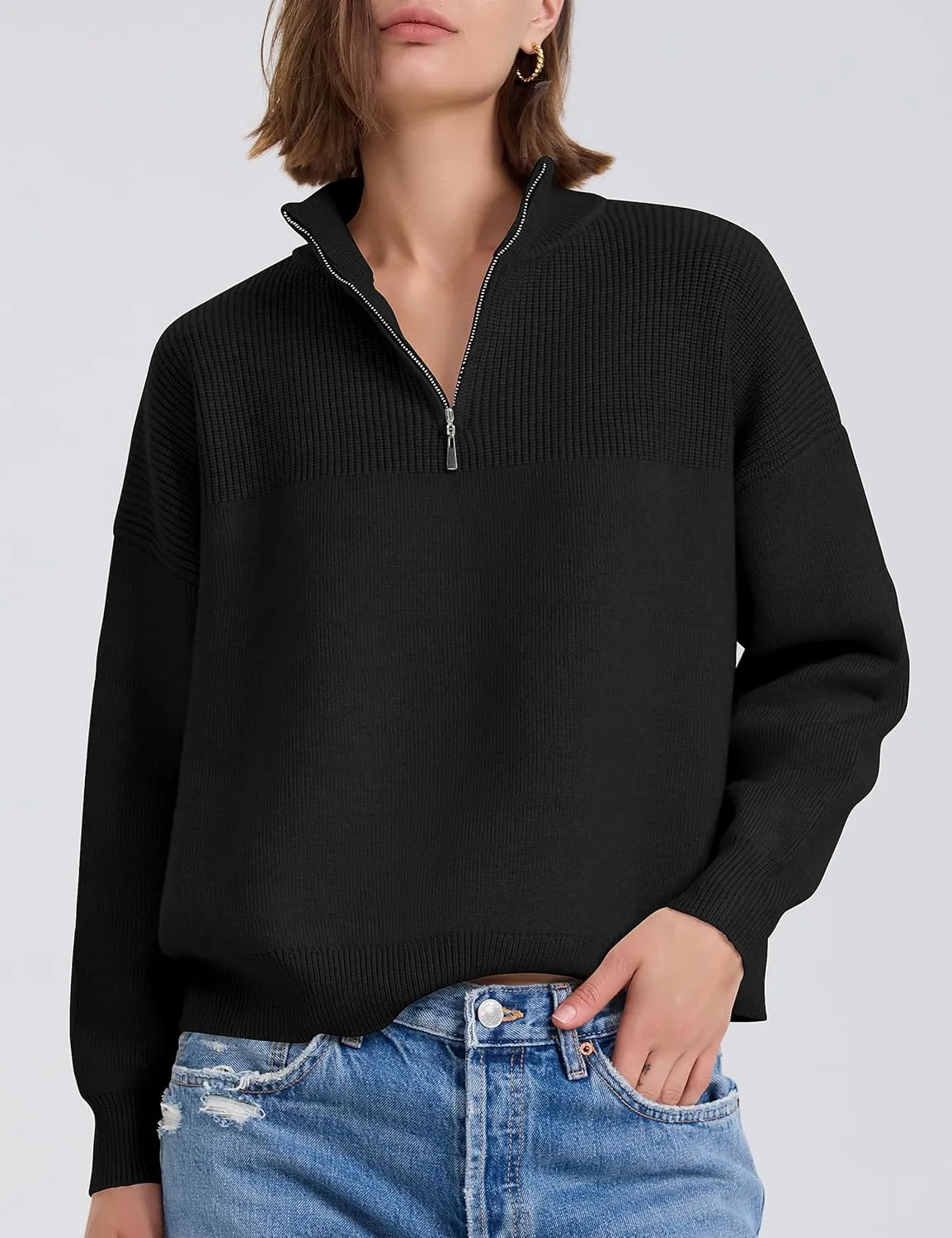 PrettyGuide Women's Long Sleeve Quarter Zip Oversized Pullover Striped Sweater Casual Mock Neck Loose Ribbed Knit Tops