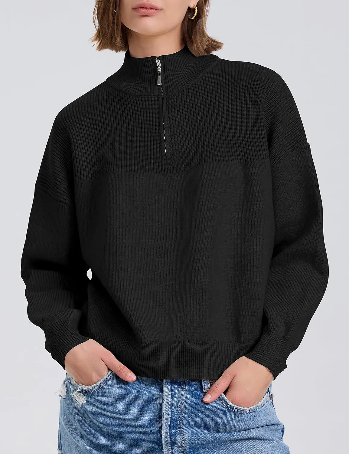 PrettyGuide Women's Long Sleeve Quarter Zip Oversized Pullover Striped Sweater Casual Mock Neck Loose Ribbed Knit Tops