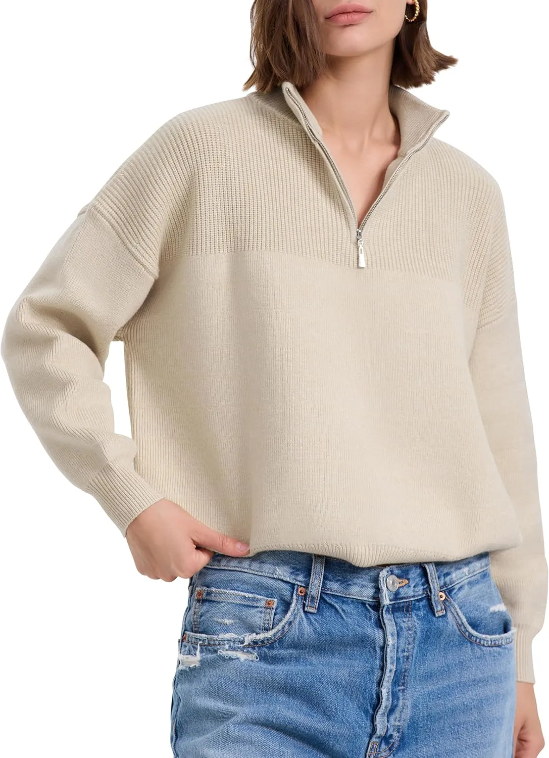 PrettyGuide Women's Long Sleeve Quarter Zip Oversized Pullover Striped Sweater Casual Mock Neck Loose Ribbed Knit Tops
