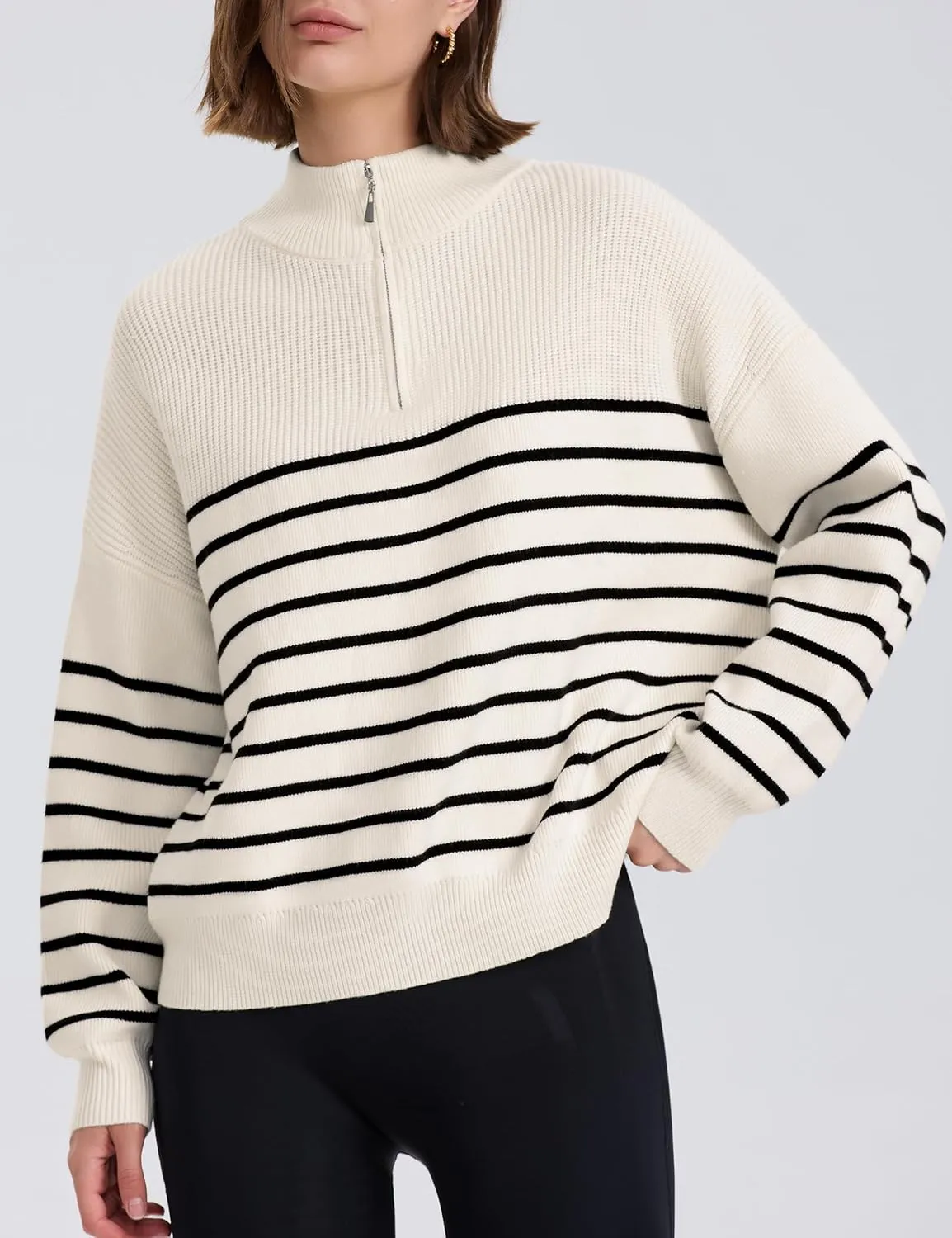 PrettyGuide Women's Long Sleeve Quarter Zip Oversized Pullover Striped Sweater Casual Mock Neck Loose Ribbed Knit Tops