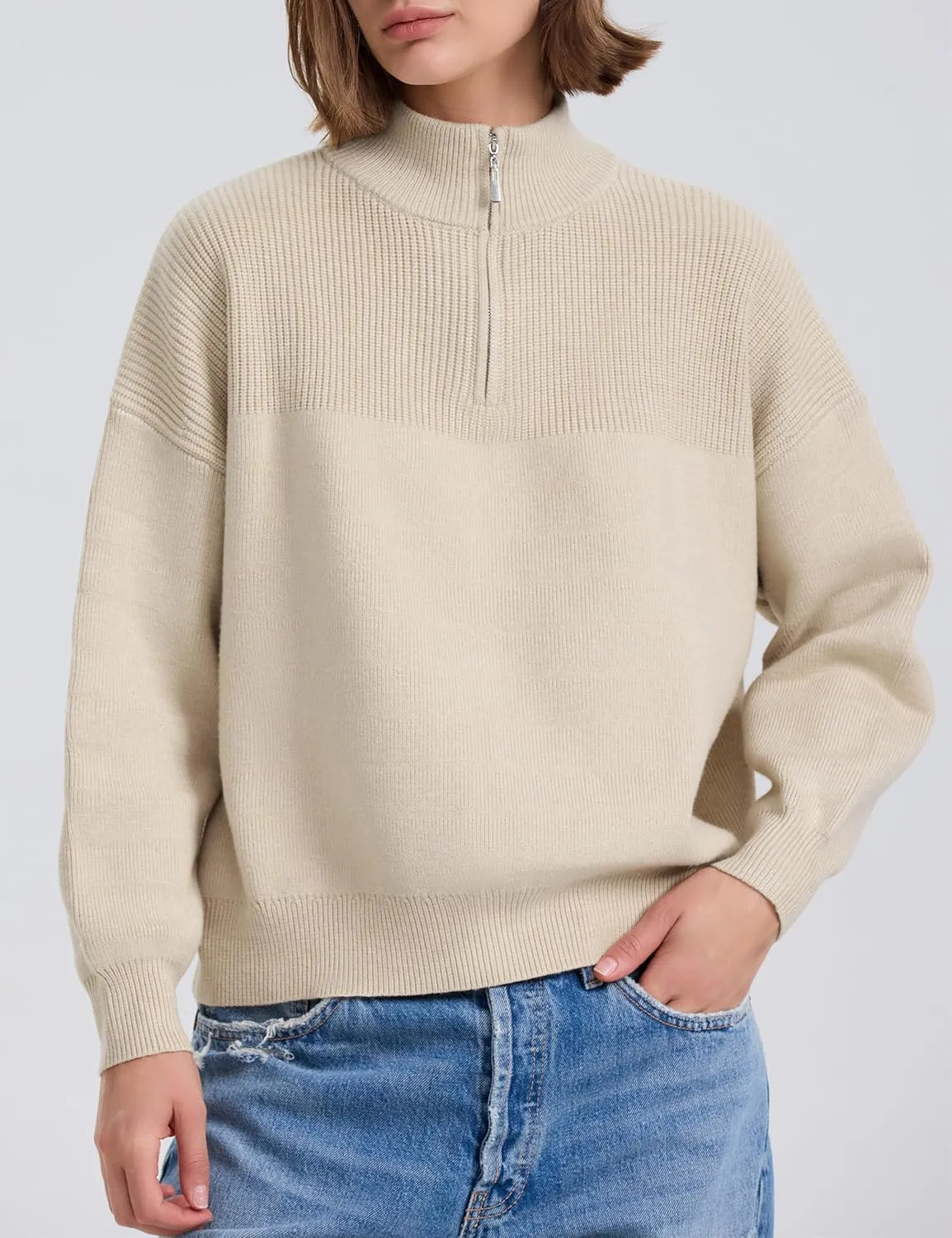 PrettyGuide Women's Long Sleeve Quarter Zip Oversized Pullover Striped Sweater Casual Mock Neck Loose Ribbed Knit Tops