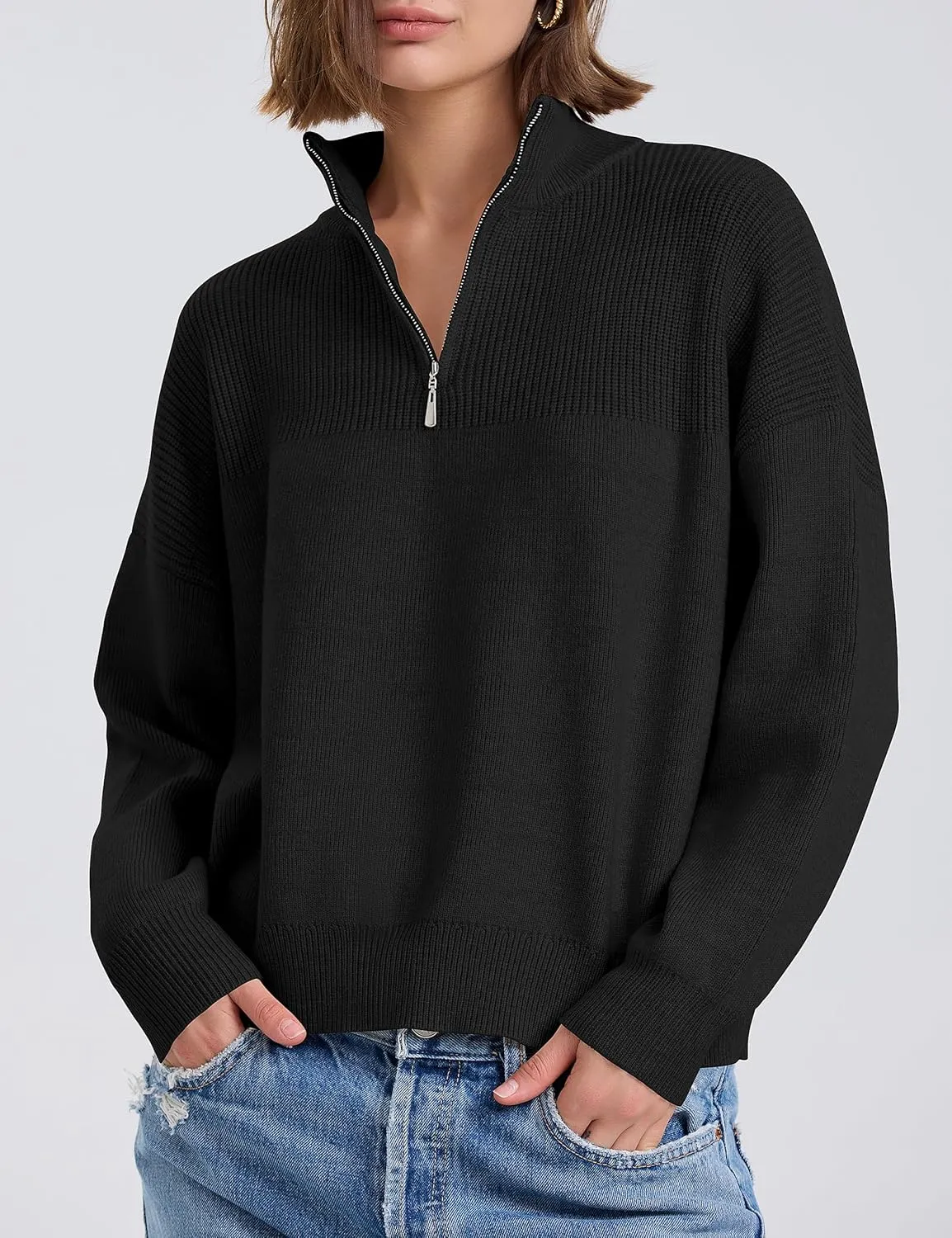 PrettyGuide Women's Long Sleeve Quarter Zip Oversized Pullover Striped Sweater Casual Mock Neck Loose Ribbed Knit Tops