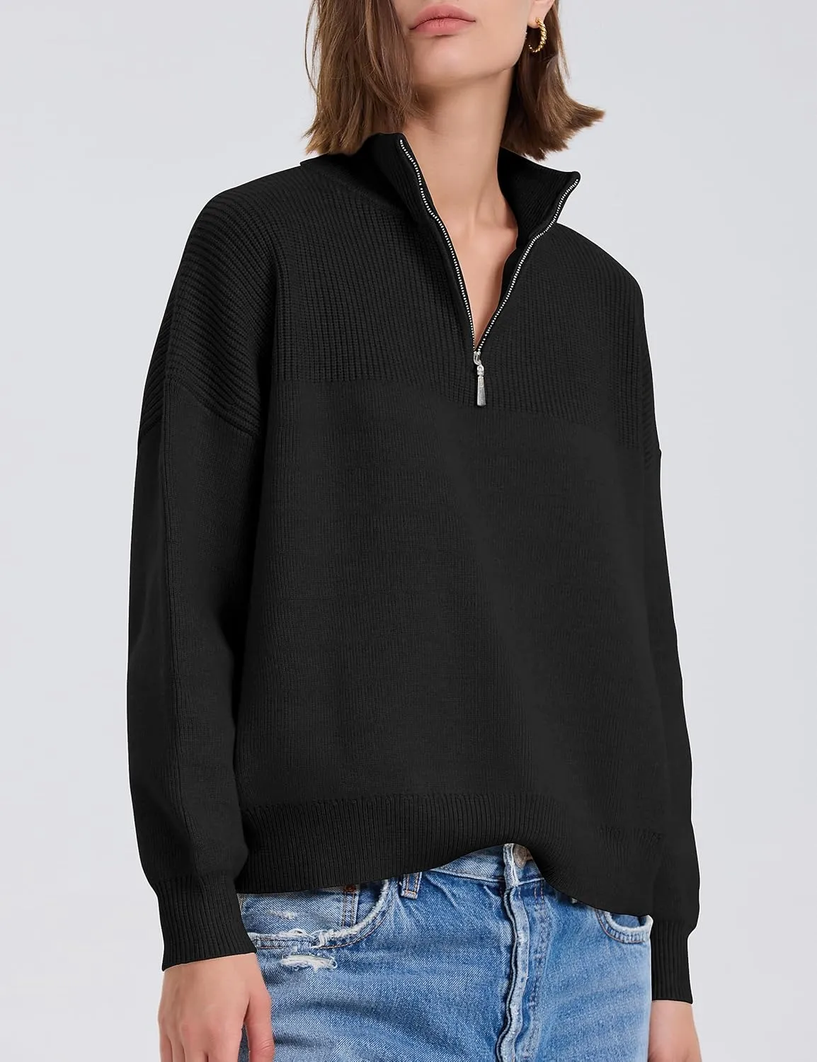 PrettyGuide Women's Long Sleeve Quarter Zip Oversized Pullover Striped Sweater Casual Mock Neck Loose Ribbed Knit Tops
