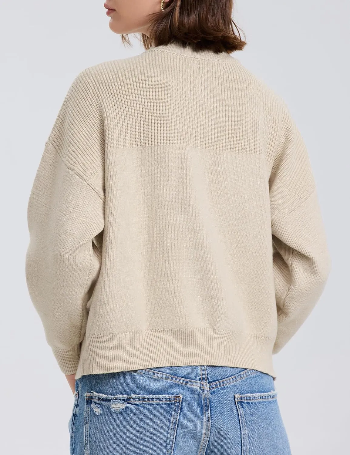 PrettyGuide Women's Long Sleeve Quarter Zip Oversized Pullover Striped Sweater Casual Mock Neck Loose Ribbed Knit Tops