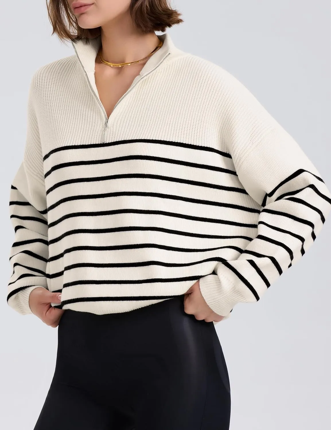 PrettyGuide Women's Long Sleeve Quarter Zip Oversized Pullover Striped Sweater Casual Mock Neck Loose Ribbed Knit Tops
