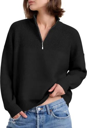PrettyGuide Women's Long Sleeve Quarter Zip Oversized Pullover Striped Sweater Casual Mock Neck Loose Ribbed Knit Tops