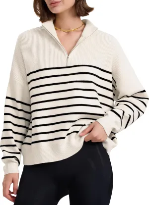 PrettyGuide Women's Long Sleeve Quarter Zip Oversized Pullover Striped Sweater Casual Mock Neck Loose Ribbed Knit Tops