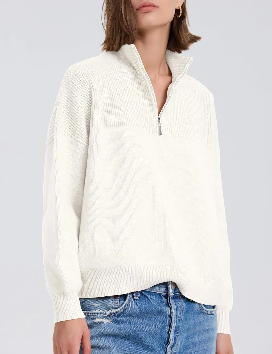PrettyGuide Women's Long Sleeve Quarter Zip Oversized Pullover Striped Sweater Casual Mock Neck Loose Ribbed Knit Tops