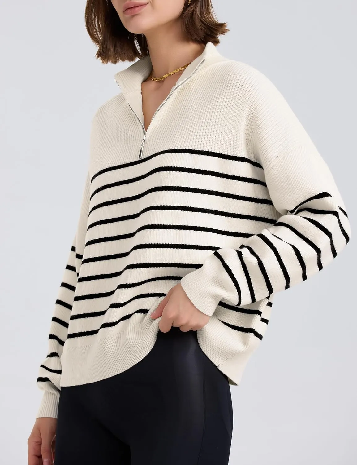 PrettyGuide Women's Long Sleeve Quarter Zip Oversized Pullover Striped Sweater Casual Mock Neck Loose Ribbed Knit Tops