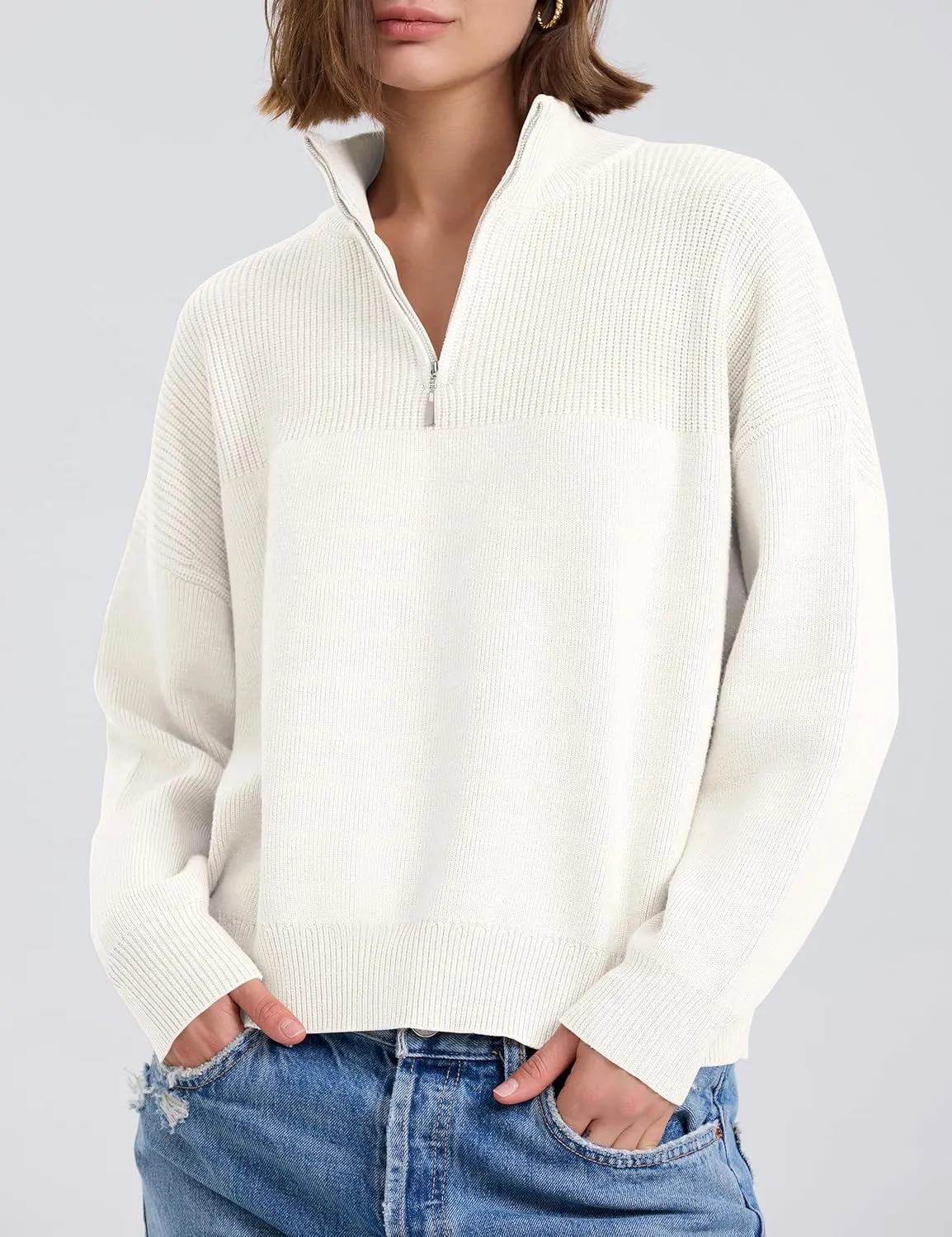 PrettyGuide Women's Long Sleeve Quarter Zip Oversized Pullover Striped Sweater Casual Mock Neck Loose Ribbed Knit Tops