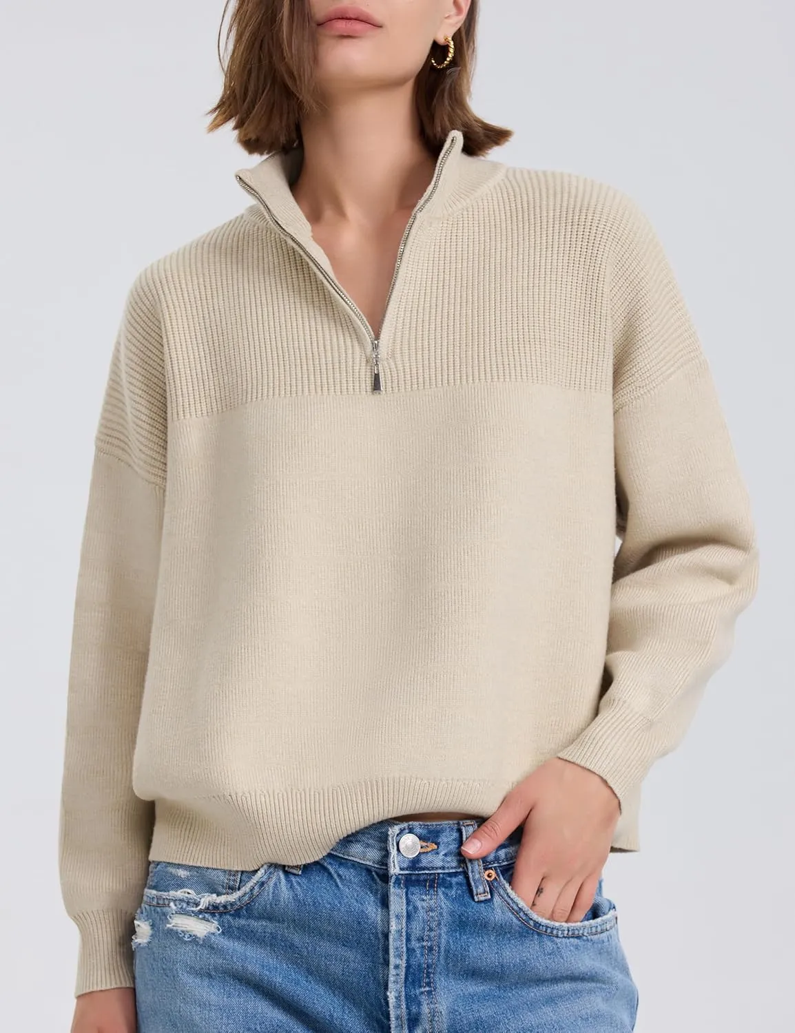PrettyGuide Women's Long Sleeve Quarter Zip Oversized Pullover Striped Sweater Casual Mock Neck Loose Ribbed Knit Tops