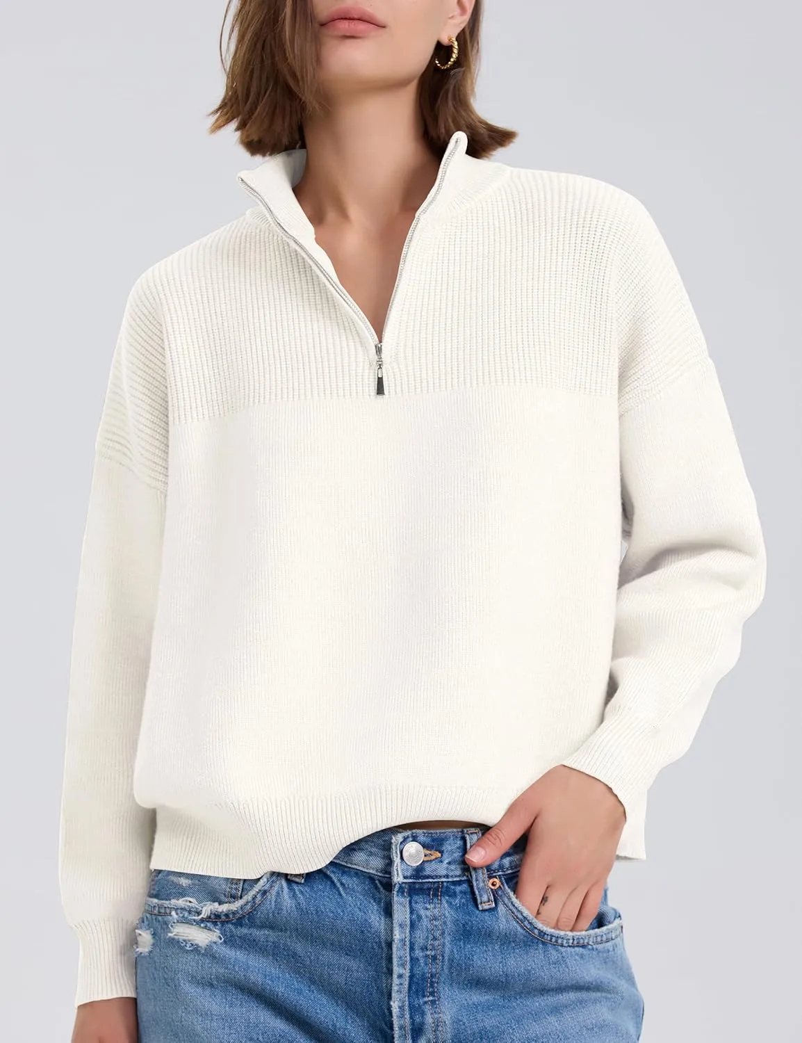 PrettyGuide Women's Long Sleeve Quarter Zip Oversized Pullover Striped Sweater Casual Mock Neck Loose Ribbed Knit Tops