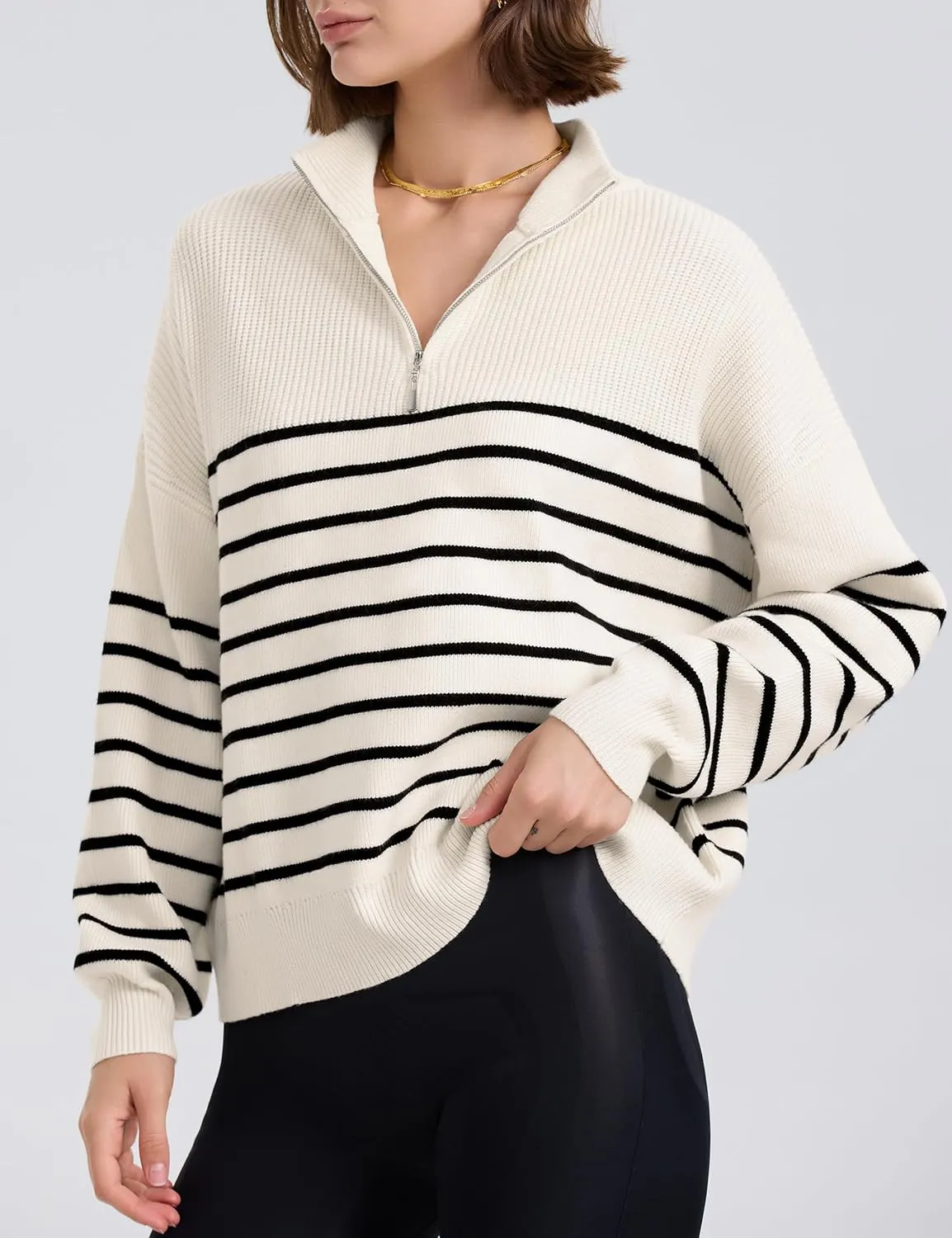 PrettyGuide Women's Long Sleeve Quarter Zip Oversized Pullover Striped Sweater Casual Mock Neck Loose Ribbed Knit Tops