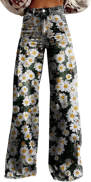 Printed Jeans for Women, Wide Leg Jeans Woman Vintage, Vintage Floral Graphic, 2025 Summer Wide Leg Dark Wash 90s Jean