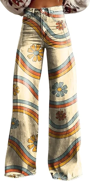 Printed Jeans for Women, Wide Leg Jeans Woman Vintage, Vintage Floral Graphic, 2025 Summer Wide Leg Dark Wash 90s Jean