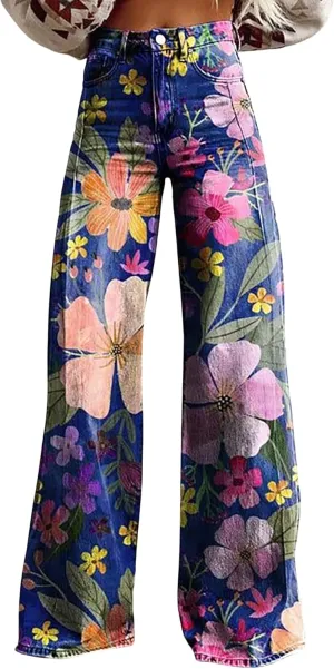 Printed Jeans for Women, Wide Leg Jeans Woman Vintage, Vintage Floral Graphic, 2025 Summer Wide Leg Dark Wash 90s Jean