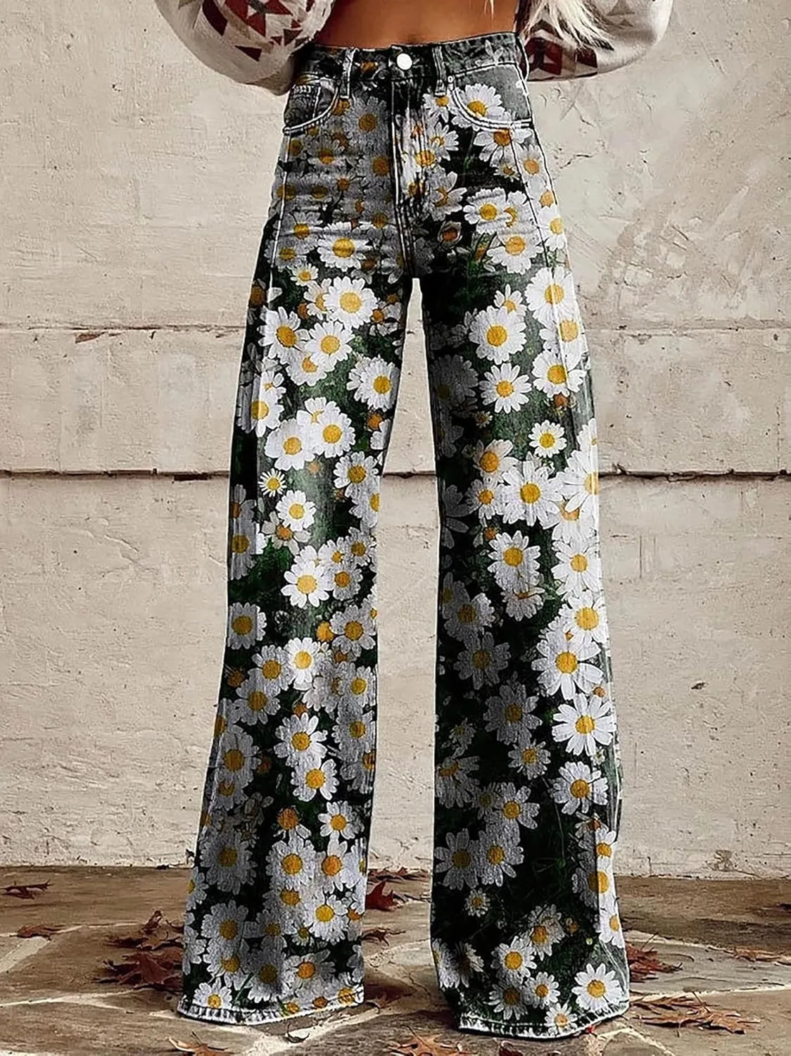 Printed Jeans for Women, Wide Leg Jeans Woman Vintage, Vintage Floral Graphic, 2025 Summer Wide Leg Dark Wash 90s Jean