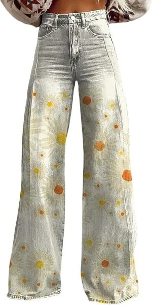 Printed Jeans for Women, Wide Leg Jeans Woman Vintage, Vintage Floral Graphic, 2025 Summer Wide Leg Dark Wash 90s Jean