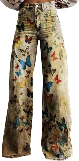 Printed Jeans for Women, Wide Leg Jeans Woman Vintage, Vintage Floral Graphic, 2025 Summer Wide Leg Dark Wash 90s Jean