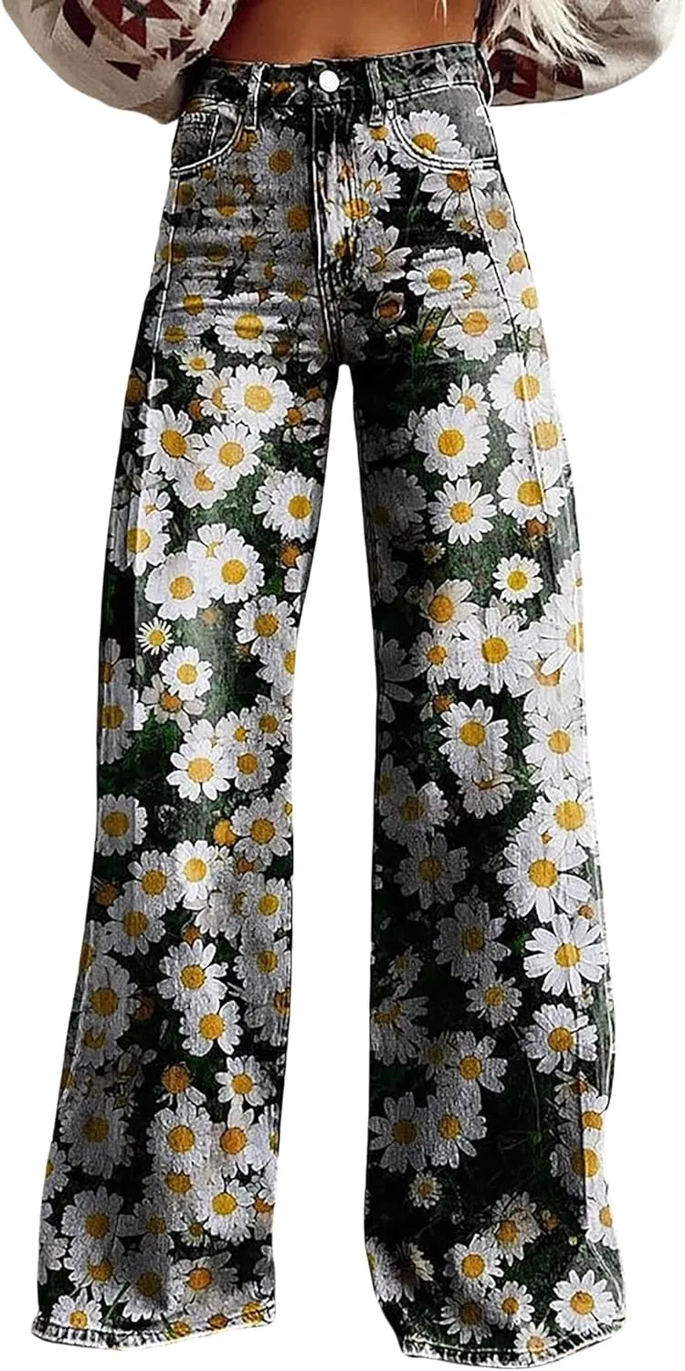 Printed Jeans for Women, Wide Leg Jeans Woman Vintage, Vintage Floral Graphic, 2025 Summer Wide Leg Dark Wash 90s Jean