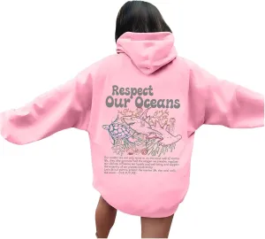 Protect Our Ocean Women Sea Animal Graphic Hoodies Oversized Long Sleeve Pullover Tunic Blouse Tops Outfits with Pocket