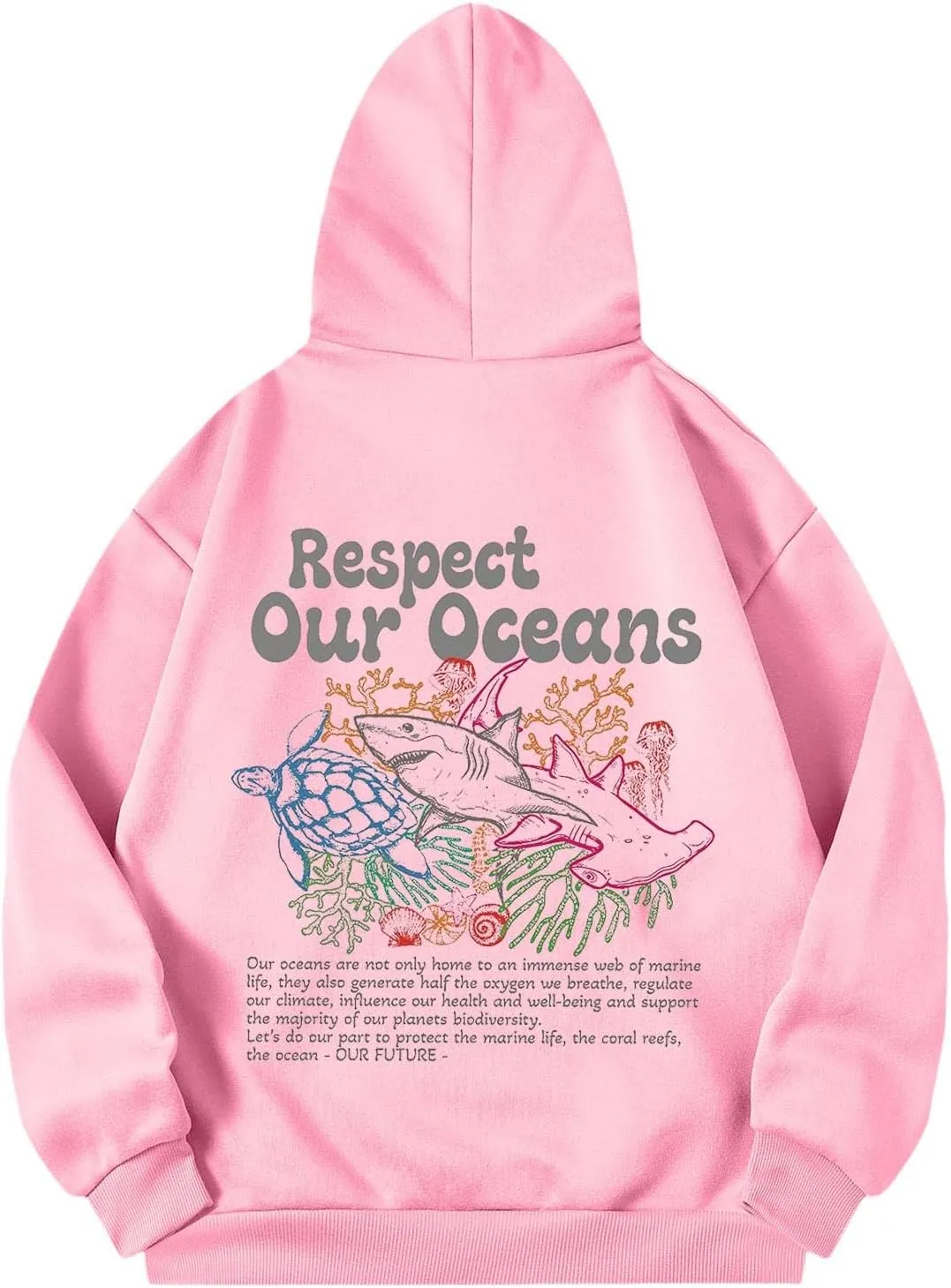 Protect Our Ocean Women Sea Animal Graphic Hoodies Oversized Long Sleeve Pullover Tunic Blouse Tops Outfits with Pocket