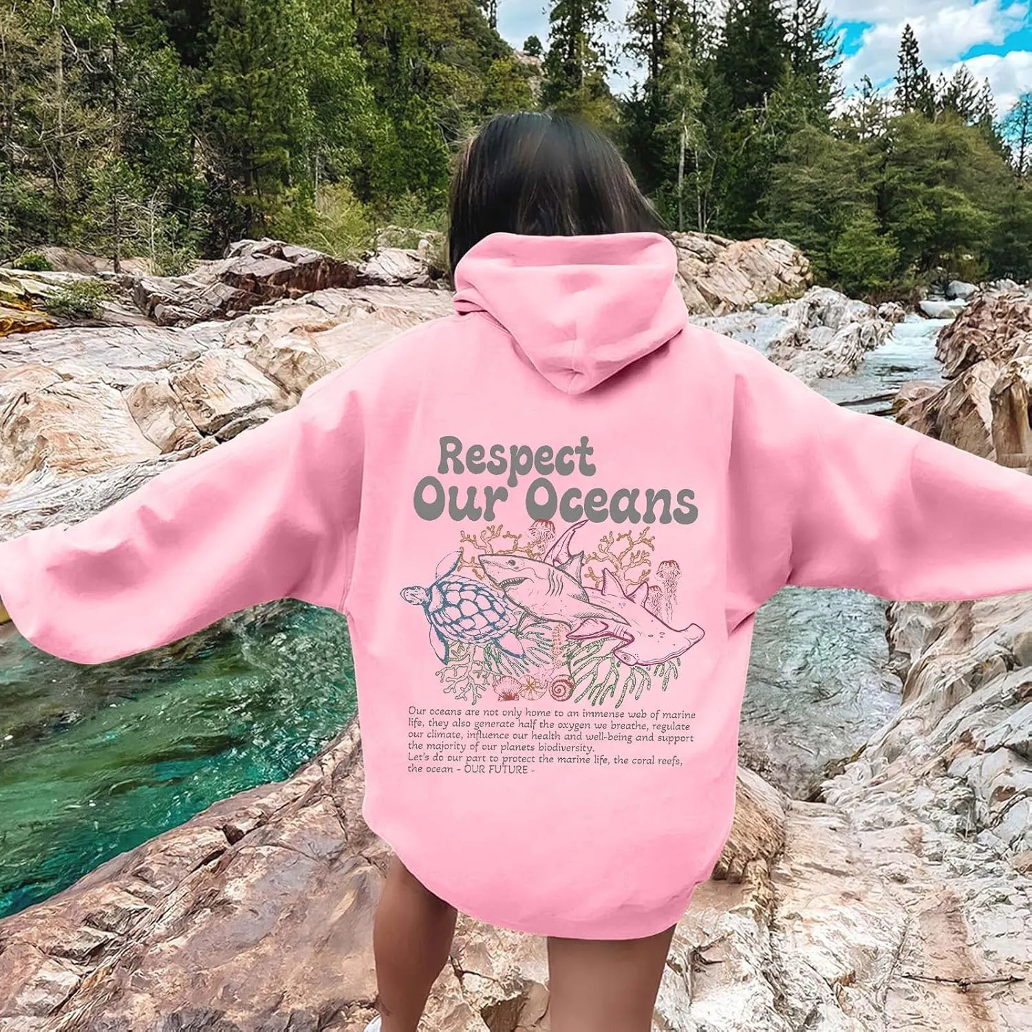Protect Our Ocean Women Sea Animal Graphic Hoodies Oversized Long Sleeve Pullover Tunic Blouse Tops Outfits with Pocket