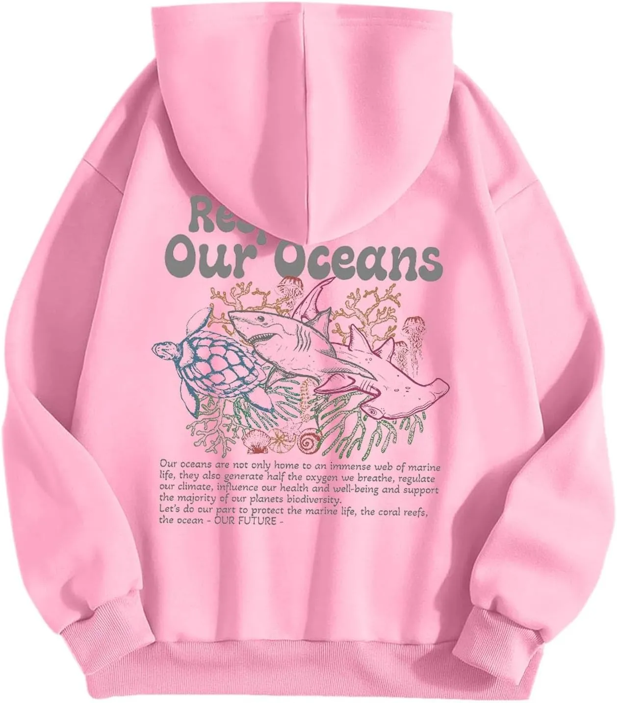 Protect Our Ocean Women Sea Animal Graphic Hoodies Oversized Long Sleeve Pullover Tunic Blouse Tops Outfits with Pocket