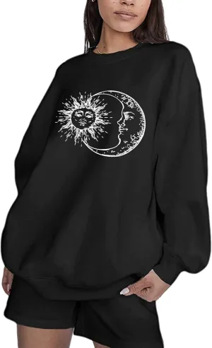 Remidoo Women's Oversized Sun and Moon Graphic Sweatshirts Long Sleeve Pullover Tops