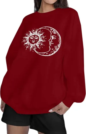 Remidoo Women's Oversized Sun and Moon Graphic Sweatshirts Long Sleeve Pullover Tops