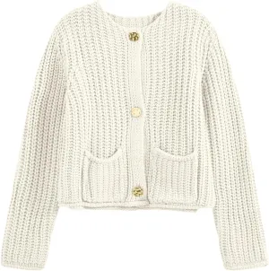 Saodimallsu Womens Button Up Sweaters Fall Chunky Knit Cropped Trendy Crewneck Loose Cardigan with Pockets